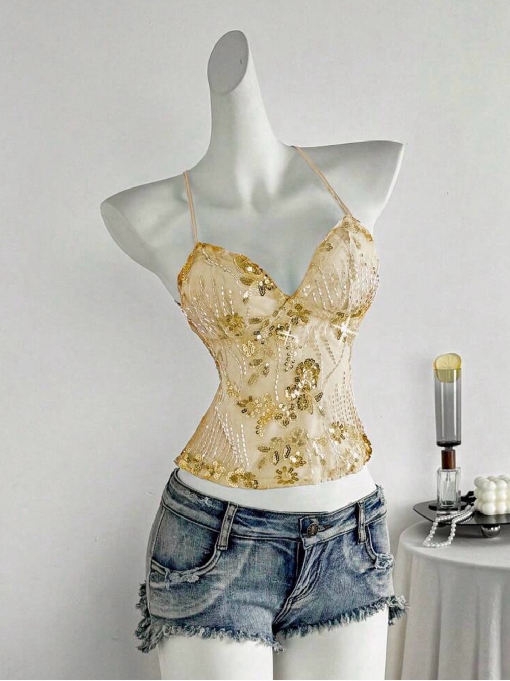Delicate Gold Embellished Spaghetti Strap Top